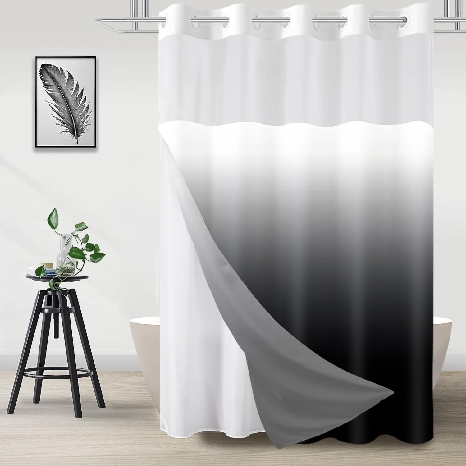 No Hook Shower Curtain and Liner Set for Bathroom, Ombre Black, 71″ x 74″ | with Snap in Liner Replacement, Black and White, Mesh Top Window, Waterproof, Machine Washable, Quick-Drying, 3 in 1