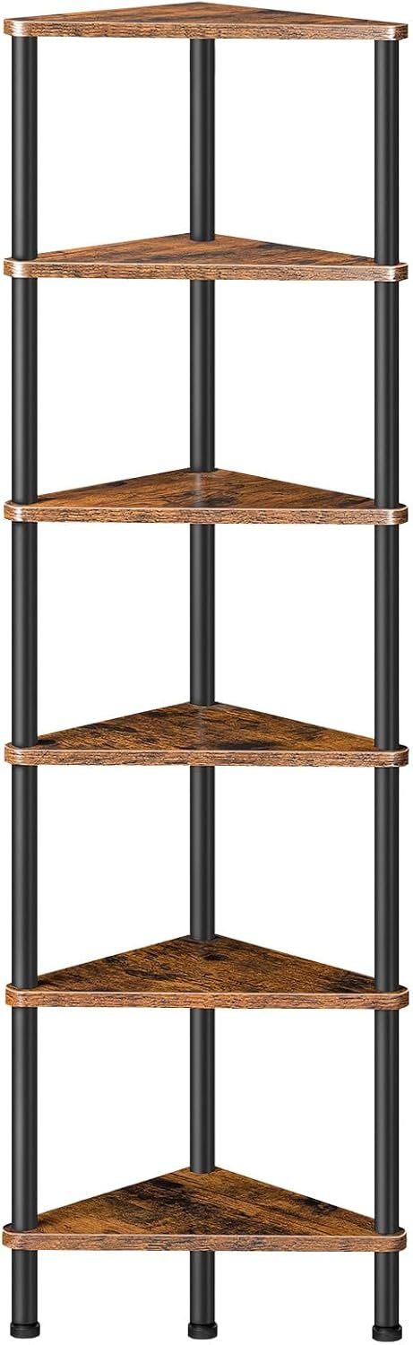 HOOBRO Corner Shelf Stand, Industrial 6-Tier Wall Corner Bookshelf with Metal Frame, Plant Display Shelf, Bookcase for Small Spaces, Bedroom, Living Room, Rustic Brown BF36CJ01