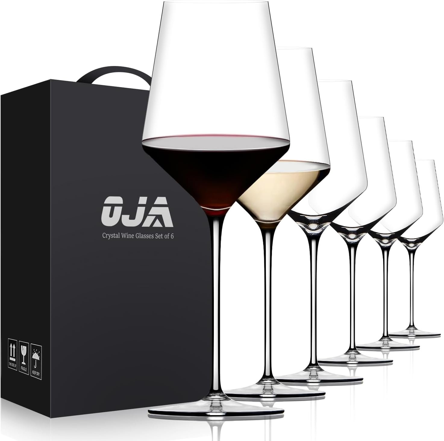 OJA Wine Glasses Set, Crystal Red Hand Blown Wine Glass, Set of 6, 15 oz | Long Stem, Thin Rim, Premium, Perfect for Red or White, Daily Use, Unique Wedding Anniversary or Birthday Gift