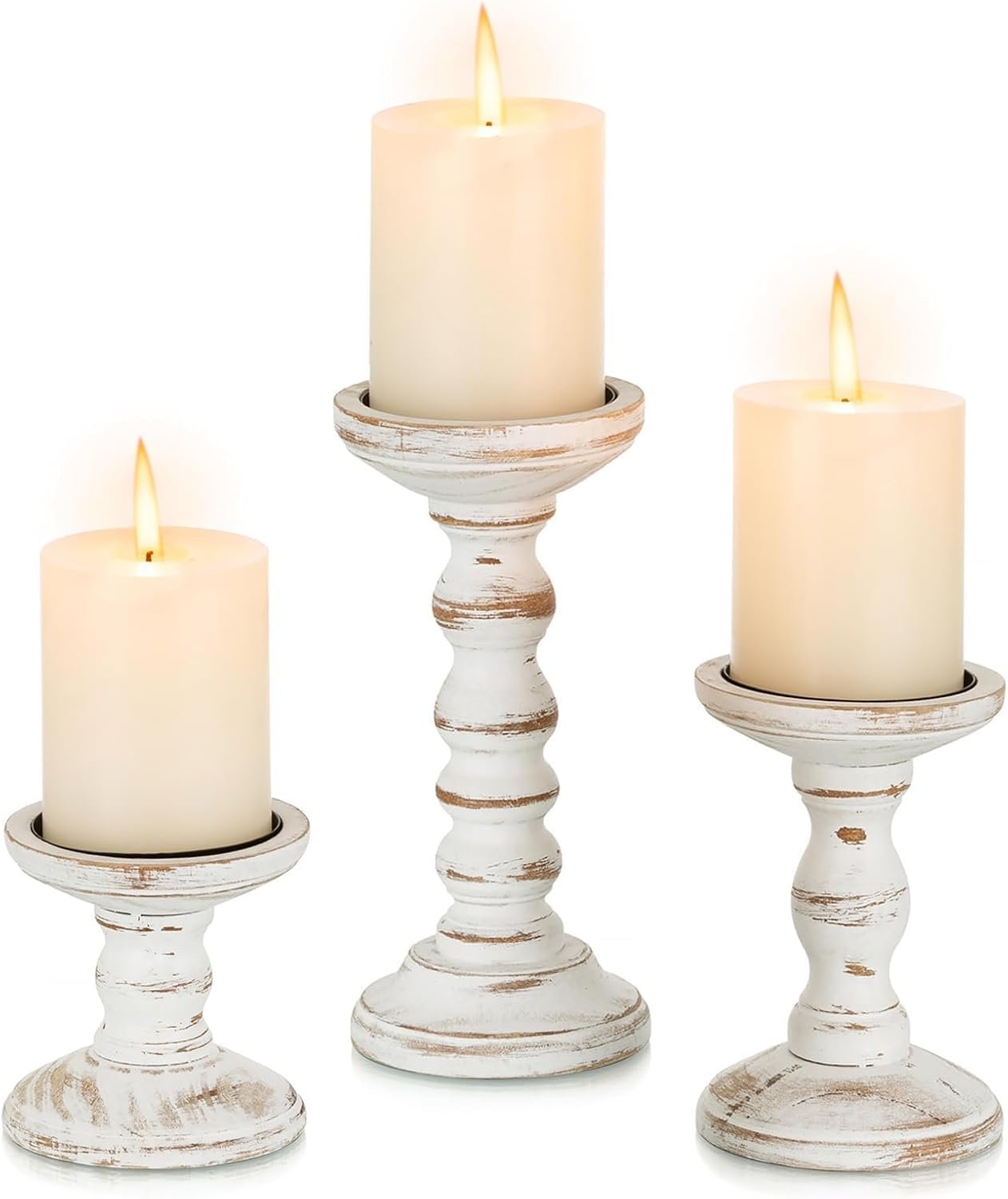 Romadedi Wood Candle Holders for Pillar Candles – Set of 3 Tall Farmhouse Wooden Candlestick Holder, Rustic Candle Stand for Fireplace Mantle Shelf Table Home Decor, Brown Whitewashed 3.9″/6″/ 8.3″