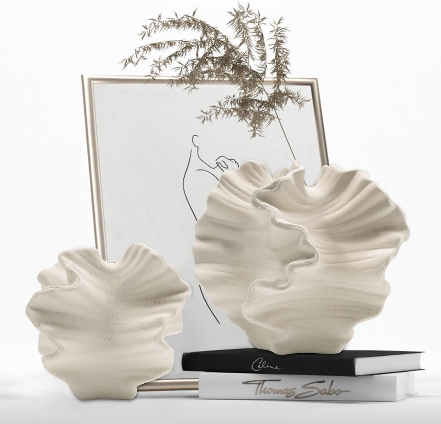 Ceramic Vase – Set of 2 for Home Decor,White Flower Shape Pampas Vases Minimalist Nordic Boho Style for Modern Farmhouse Decor, Living Room、 Kitchen、Mantle、Bedroom、Dining Table、Office