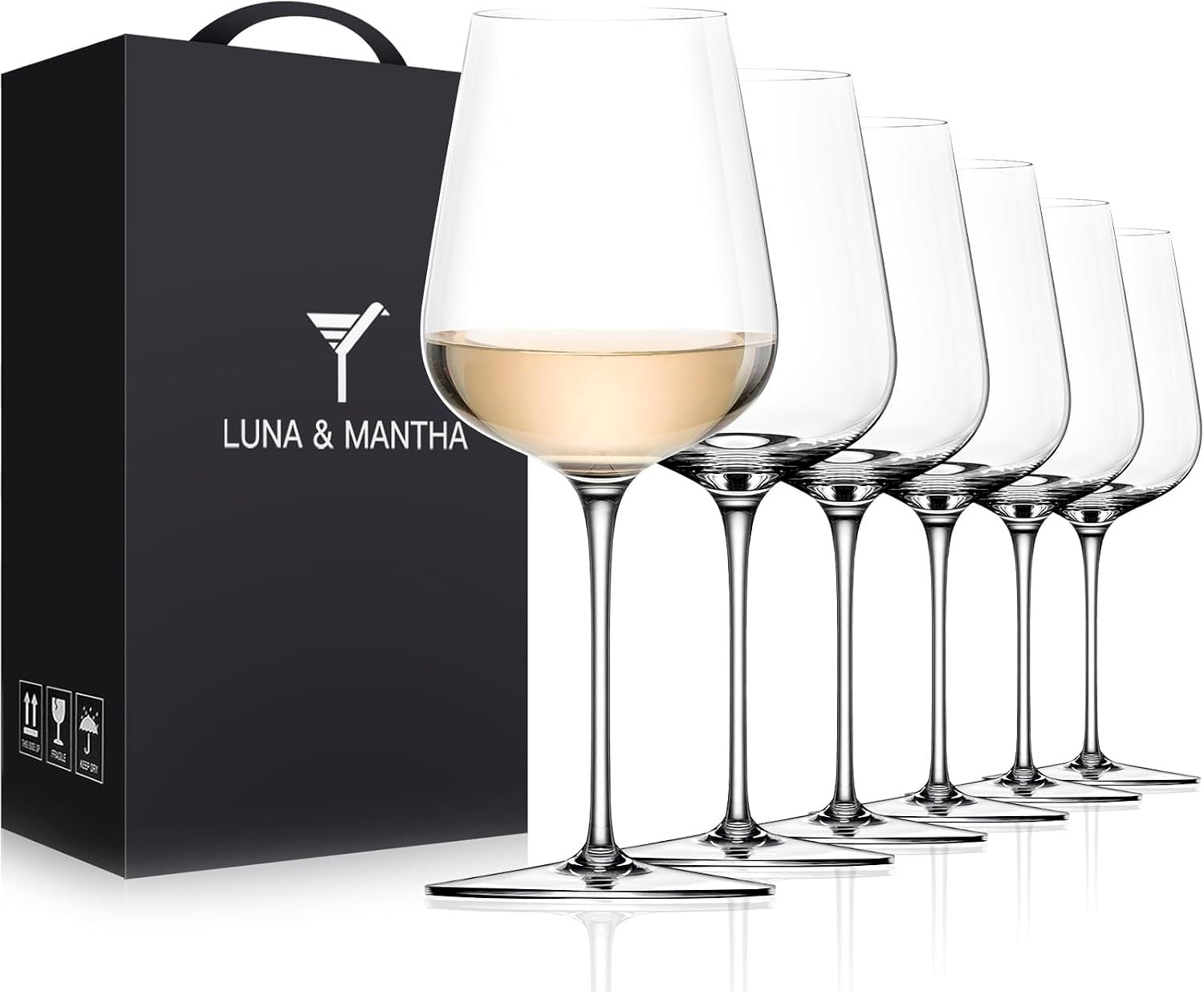 White Wine Glasses Set of 6, 14oz Crystal Hand Blown, Long Stem, Gift | Red Wine Glass, Stemmed, Modern, Father’s Day, Wedding, Anniversary, Birthday, Daily