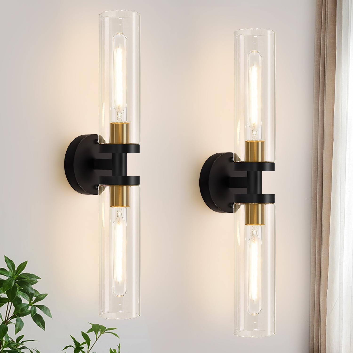 Indoi Hardwired Wall Sconces Set of Two, 22″ Black and Gold Bathroom Sconces with Clear Glass, Modern Sconces Wall Decor Set of 2 Wall Light fixtures for Bathroom Mirror Living Room Hallway Bedroom