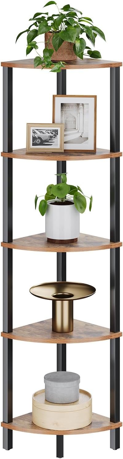VIMBER Corner Shelf, 5-Tier Corner Bookshelf, Industrial Corner Ladder Shelf, Rustic Display Shelf for Living Room, Bedroom, Kitchen, Home Office, Rustic Brown and Black UJSJ001H