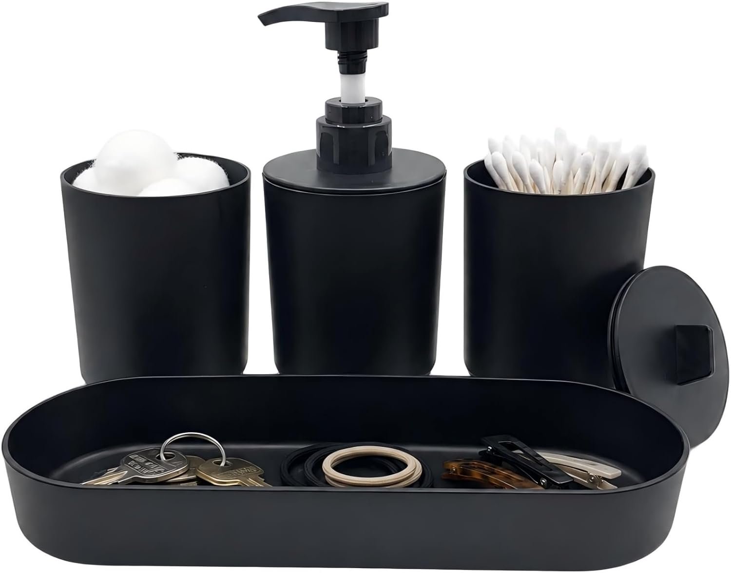LGURT Matte Black Bath Accessories — 4-Pc Dispenser, Tumbler, Cup & Tray | Plastic, Lotion 10oz / 300ml, Vanity Tray (7.87″×2.56″), Compact Organizer Dorm, Gift