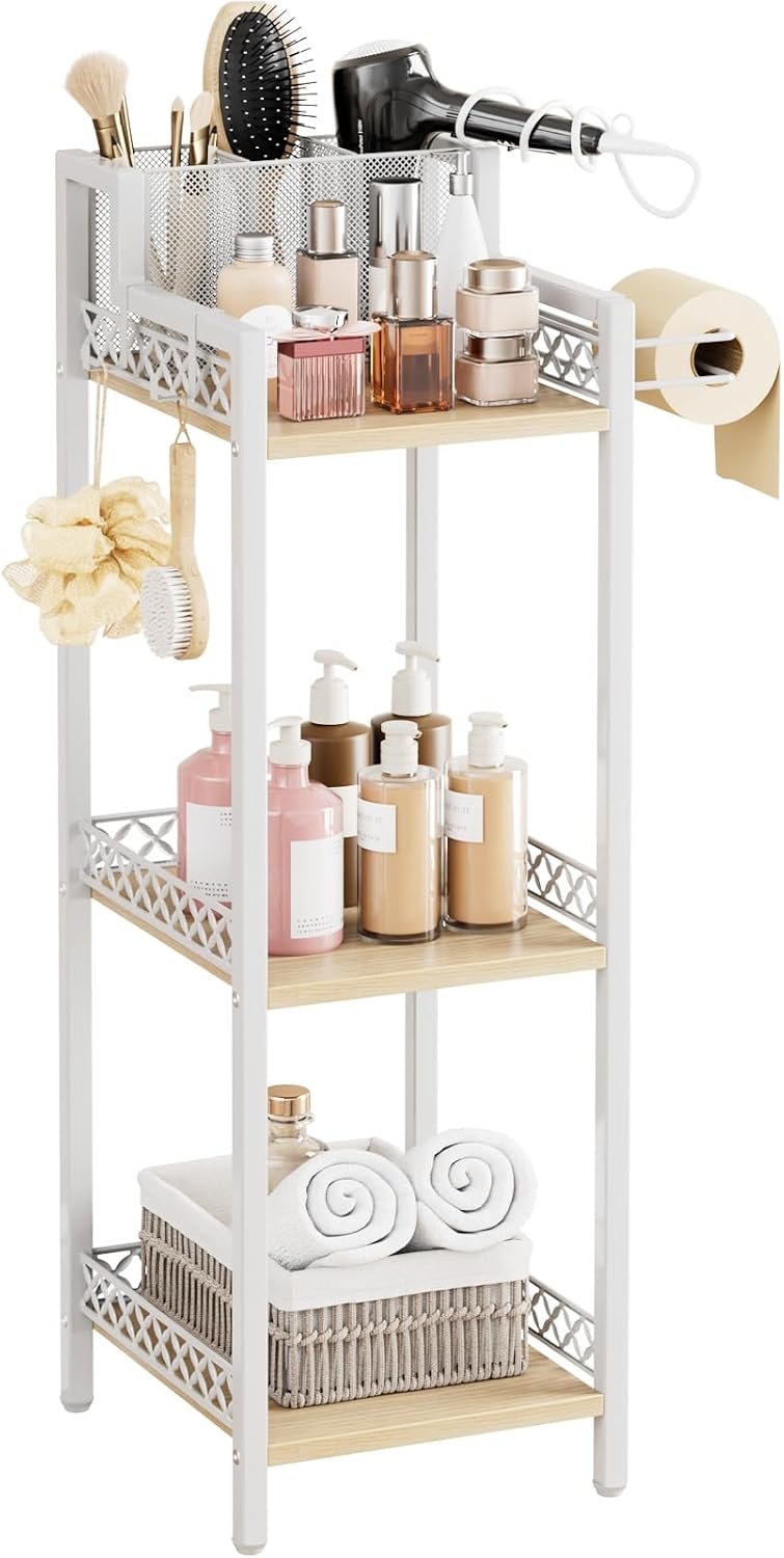 Slim Bathroom Storage Shelf Unit, Makeup Organizer for Small Spaces | 3 Tier Rustic Makeup Organizer for Cosmetic and Skincare, Space Saving Standing Shelves for Bathroom,Bedroom,Kitchen,Laundry