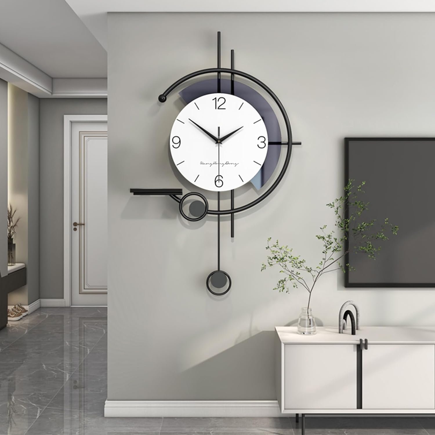 Modern Wall Clock Large Minimalist Decorative Wall Clocks Creativity Silent Non Ticking Pendulum Clocks with Storage Rack Art Decor Quartz Clock for Living Room Bedroom Kitchen Office (Small)