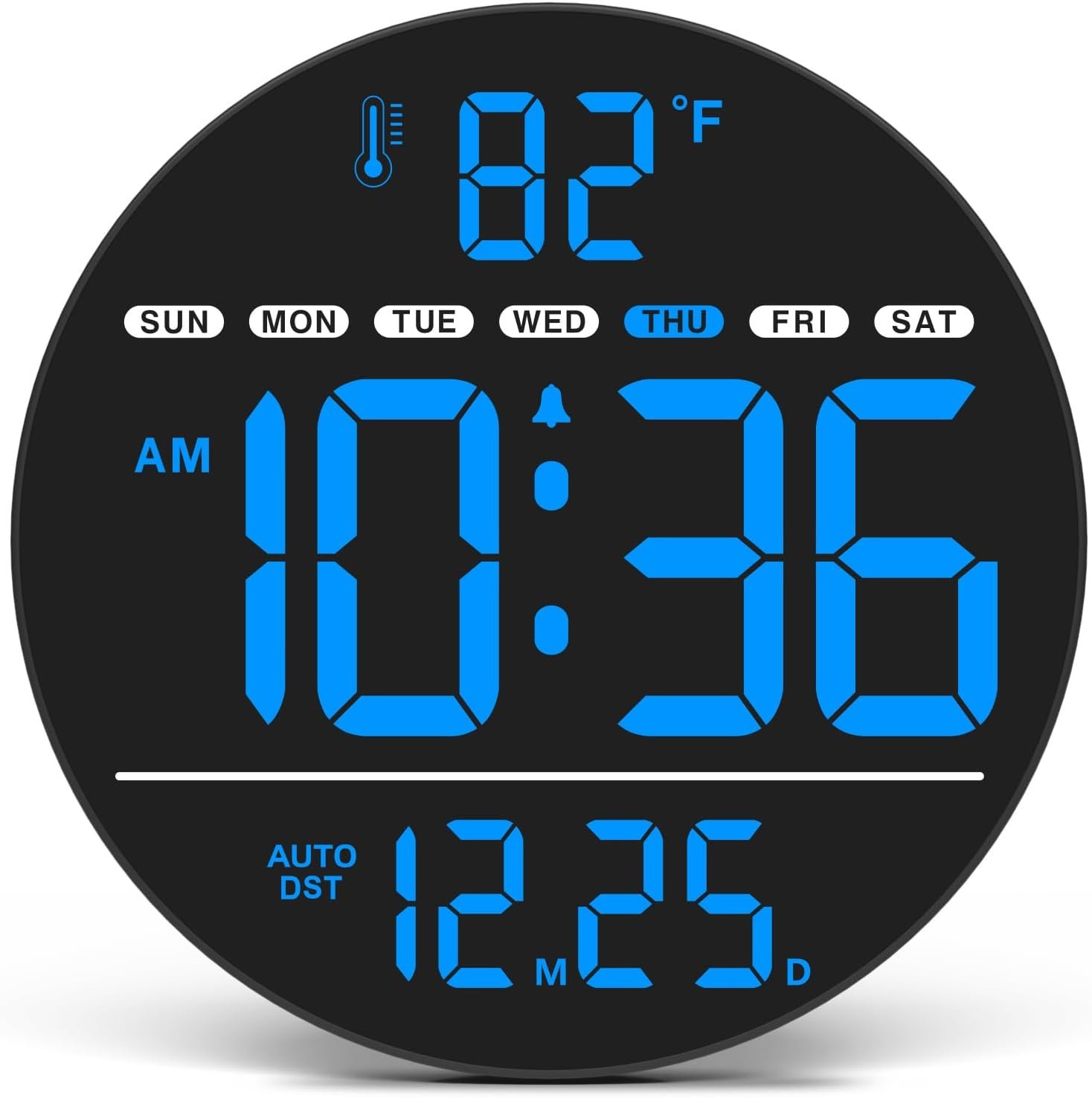 Electric Large Digital Wall Clock with LED Display | PLUG IN clock with Temperature, Auto DST, Date and Day, 5-Level Brightness for Office, Bedroom, Classroom, Living Room