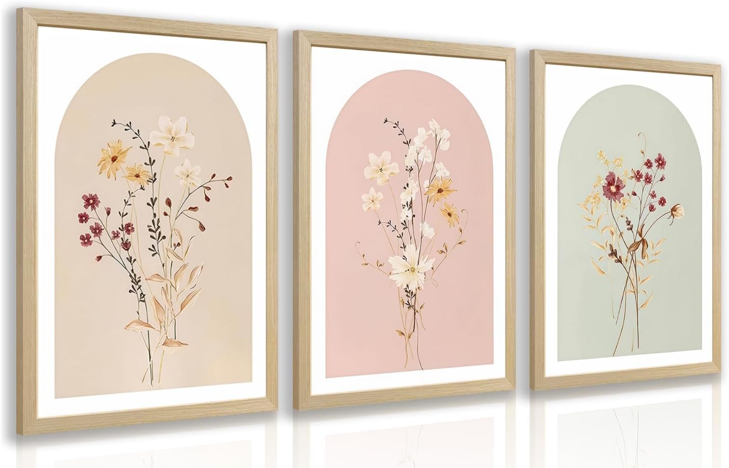 LERVR Wood Framed Botanical Wall Art Set of 3, Vintage Wildflower Canvas Print, Neutral Minimalist Floral Wall Decor, Rustic Farmhouse Botanical Artwork for Living Room Bedroom Bathroom 12×16 Inch