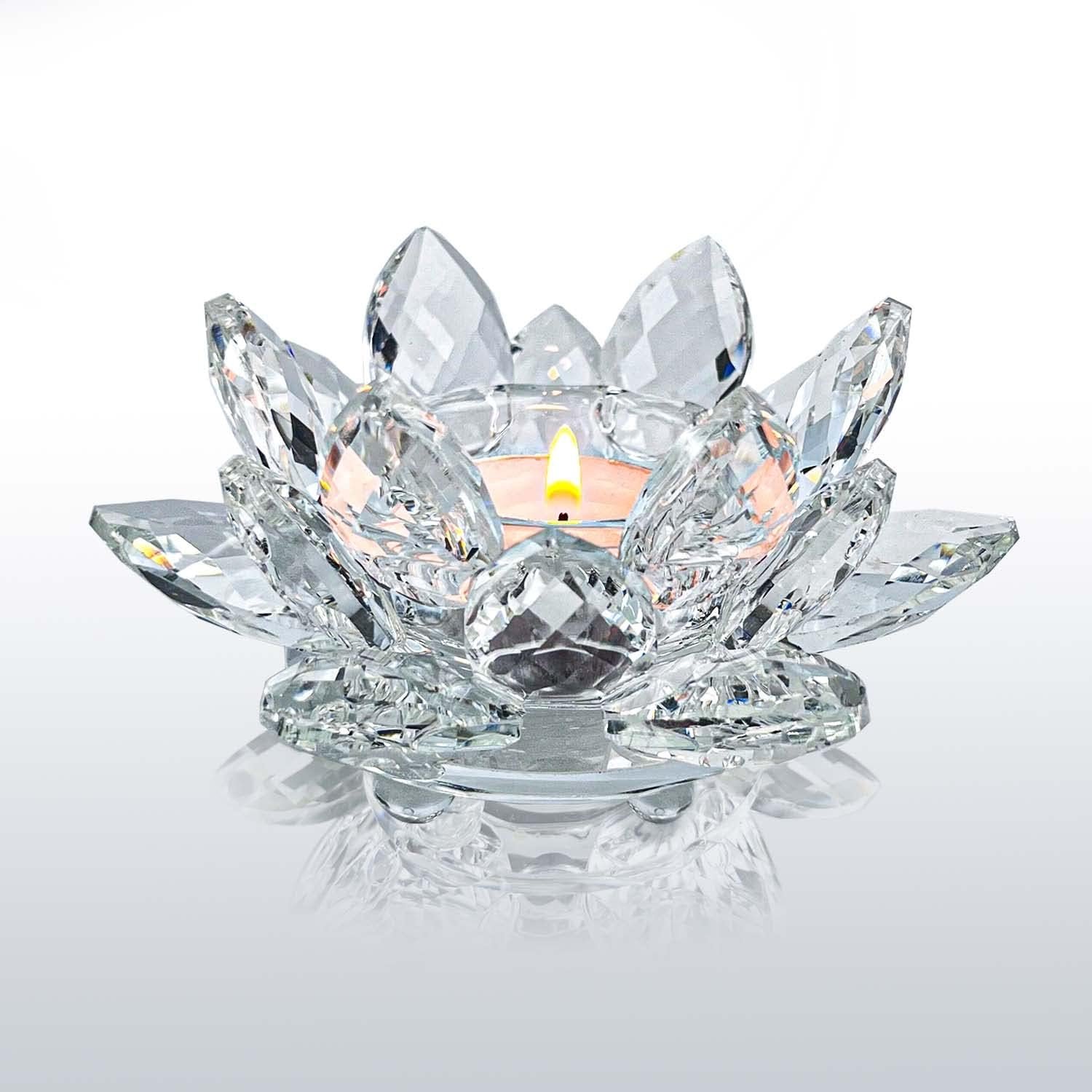 Crystal Lotus Flower Tealight Candle Holders/Glass Tea Light Candlestick Decor Decoration for Christmas Home Wedding Party… (Clean 1pc)