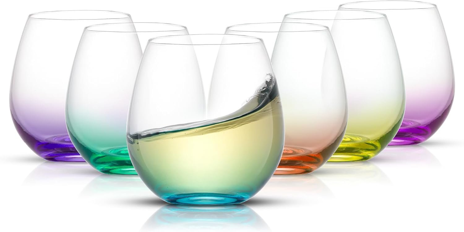 JoyJolt Hue Stemless Wine Glass Set, Large 15 oz Stemless Wine Glasses Set of 6 for White Red or Water, Short Glass Tumblers, No Stem Margarita Glasses, Colored Tumbler