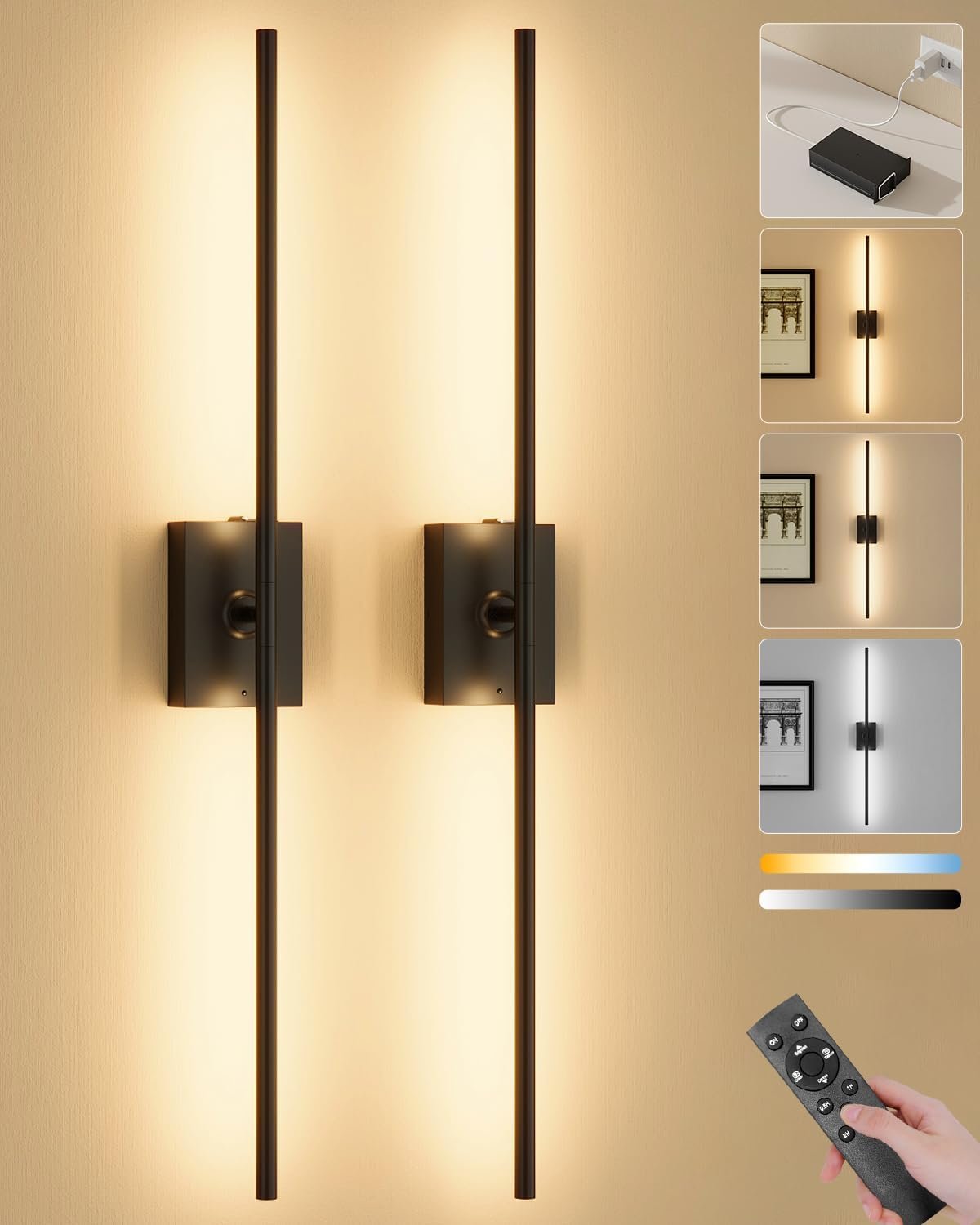 Battery Operated Wall Sconces Set of 2, 10000mAh Wireless Rechargeable 3000-6000K Dimmable 350° Rotate Wall Light with Remote for Living Room, Bedroom 31.6in Black