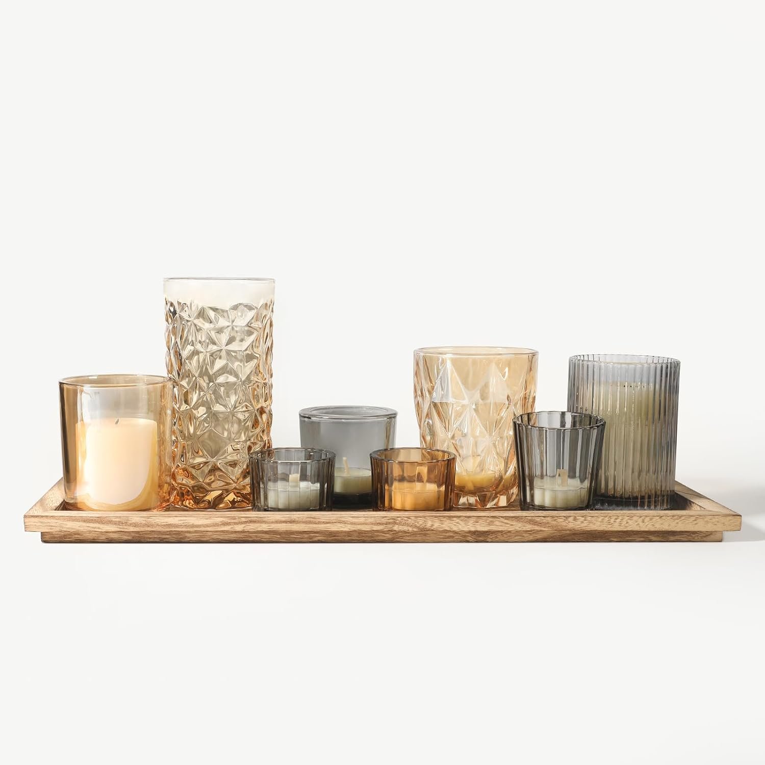 Rustic Wooden Tray with 8 Brown Glass Votive Candle Holders | Decorative Tea Light Holder Set for Mantel, Centerpiece, Dining Table Centerpiece Set, and Home Decor(Set of 8 Pieces)