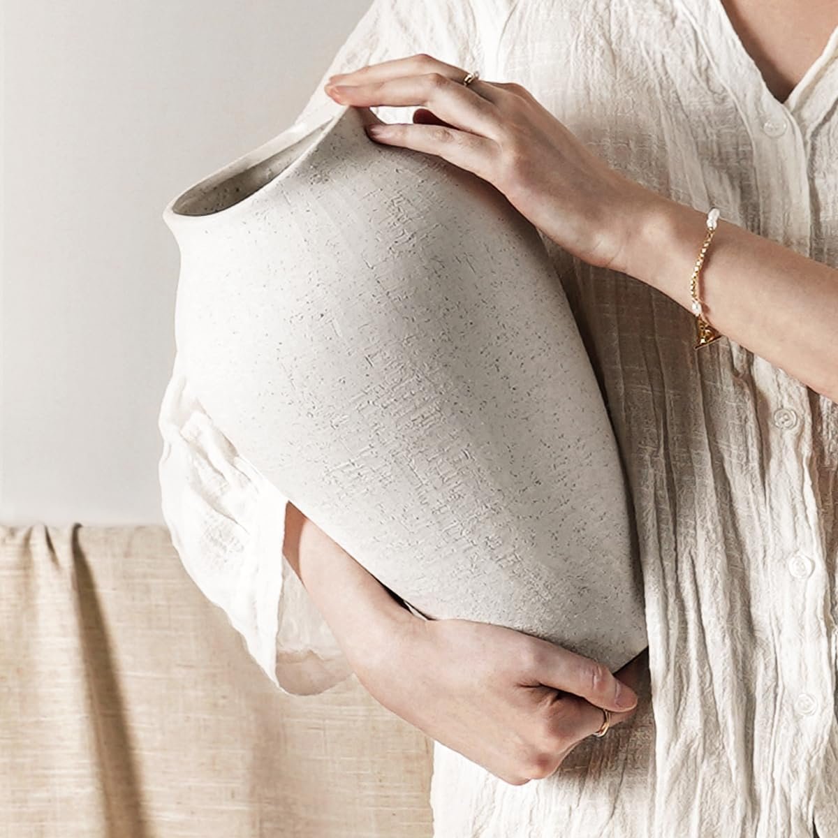 White Ceramic Vase – Large 11.8 Inch Tall Floor Vase for Centerpieces, Farmhouse Flower Vases, Rustic Minimalist Home Decor for Living Room, Enterway, Wedding (Sandstone White)