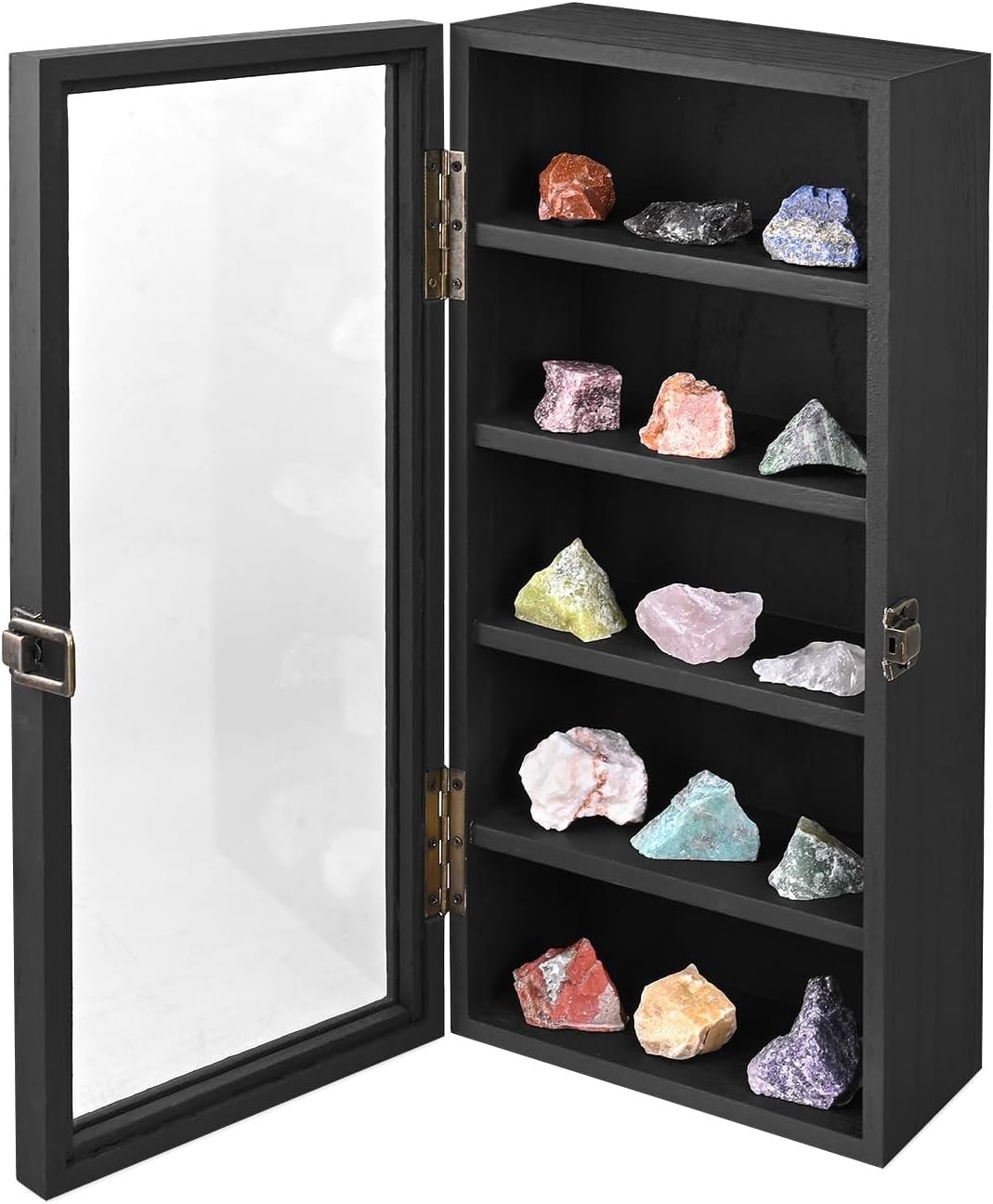 Ikee Design Wood 5 Shelf Wall-Mounted Case Display,Tempered Glass Door | Wall Mounted Wooden Collectible Display Case 5 Shelf Display Storage Accessories with Tempered Glass Door, Black Color