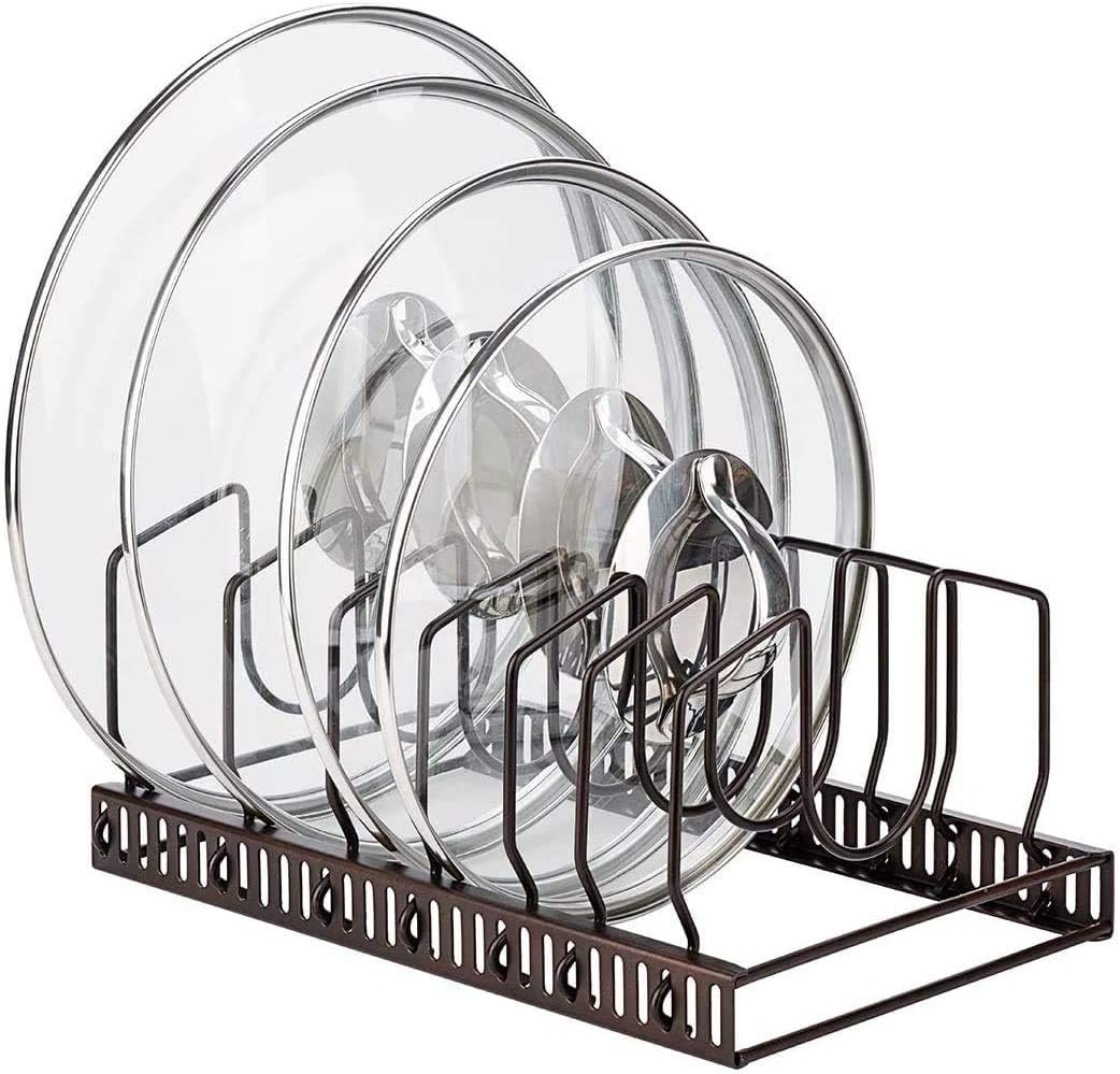 Toplife Pot Lids Organizer Rack for Cabinet and Countertop, 7+ Pan Lids and Bakeware Organizer Rack Holder with 7 Adjustable Compartments – Brown