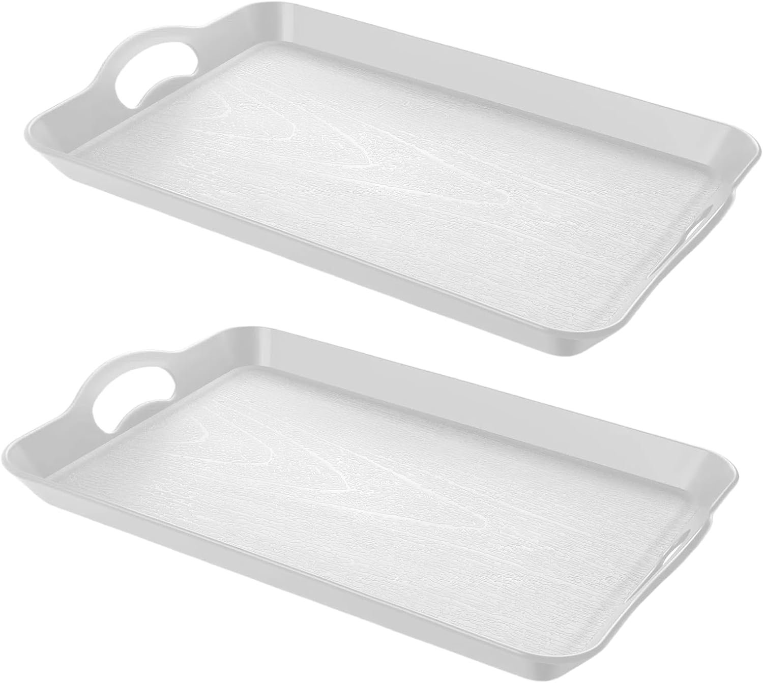 2PC White Serving Trays with Handles, 16 x 11.2 inch Rectangular Non Skid Multi-Purpose Plastic OttomanTray for Restaurant, Parties, Coffee Table, Kitchen