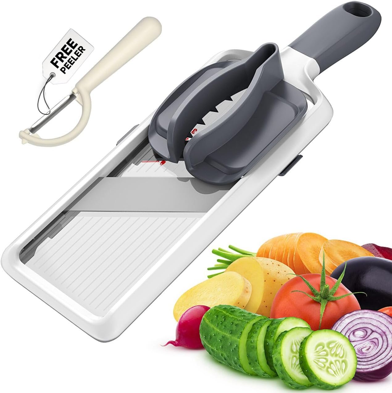 Multi Handheld Mandoline Slicer – Adjustable Stainless Steel Blade | Hand Guard & Peeler Included, 1-4 mm Adjustable,Non-Slip Grip, Easy Rinse Clean, Space Saving, For Salad Stir-Fry Meal Prep