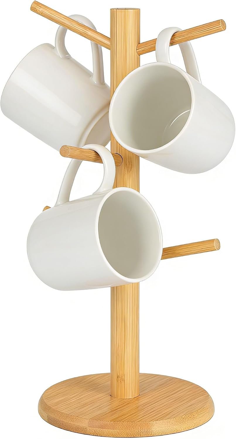 Mug Holder Tree,Thicker Base Coffee Cup Holder Stand for Counter,Coffee Cup Holder with 6 Hooks (Burlywood)