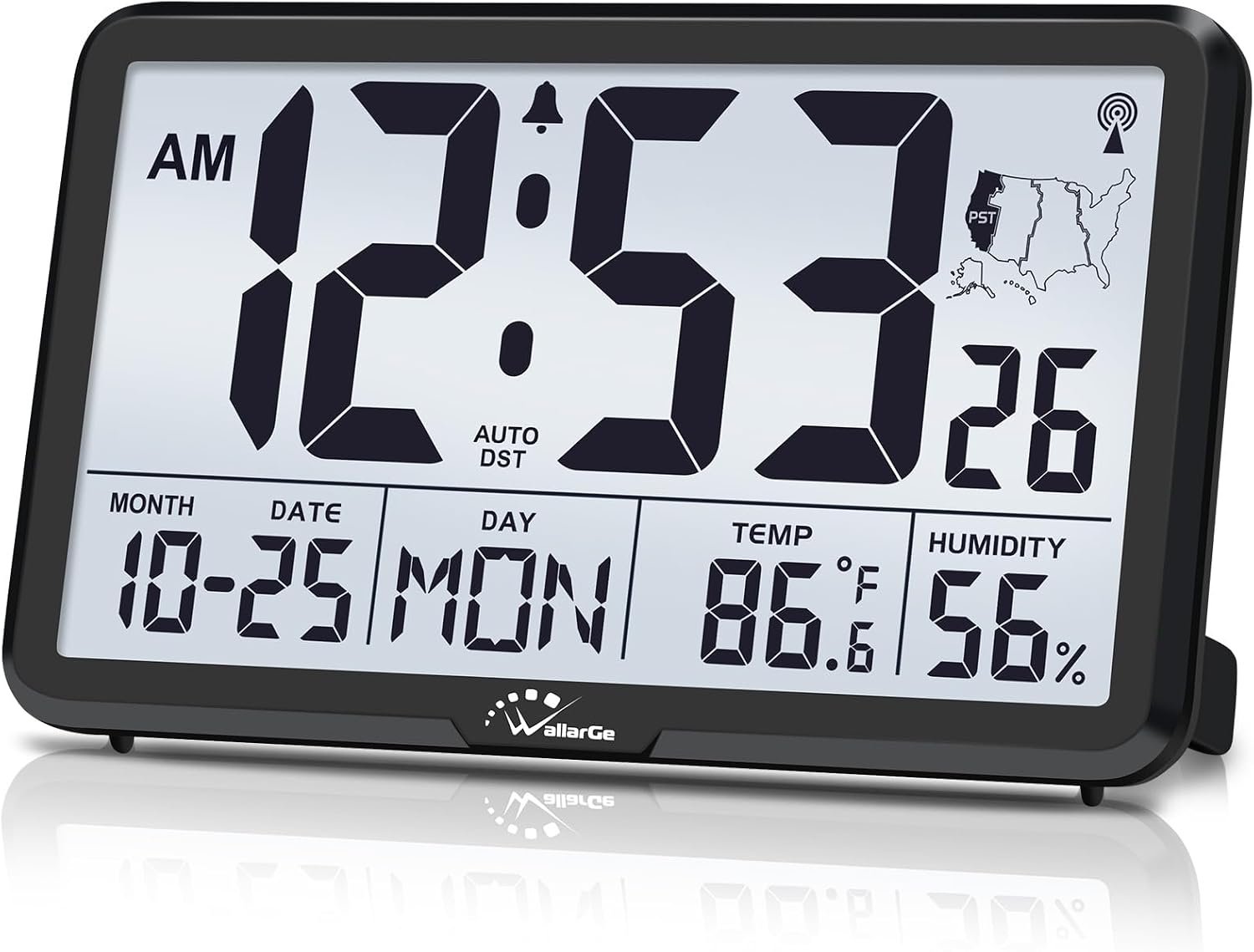 WallarGe Atomic Wall Clock with Backlight, Battery Operated | Large Digital Display, Indoor Temperature, Humidity, Date, AUTO DST, 6 Time Zones