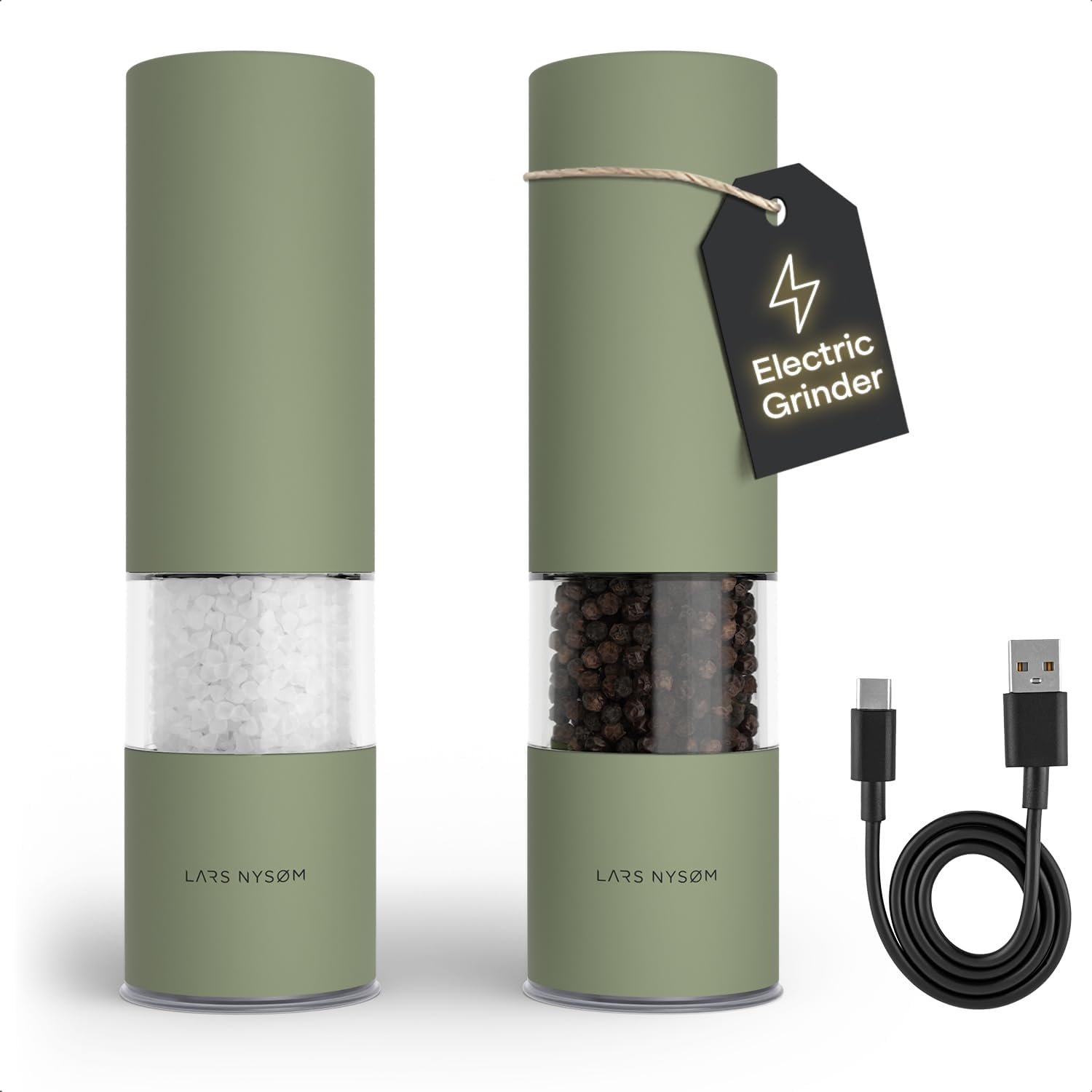 LARS NYSØM Electric Salt and Pepper Grinder Set I Automatic Salt and Pepper Mills with Adjustable Ceramic Grinder I USB Rechargeable Electric Spice Mill Set with LED Light (Sage Green)