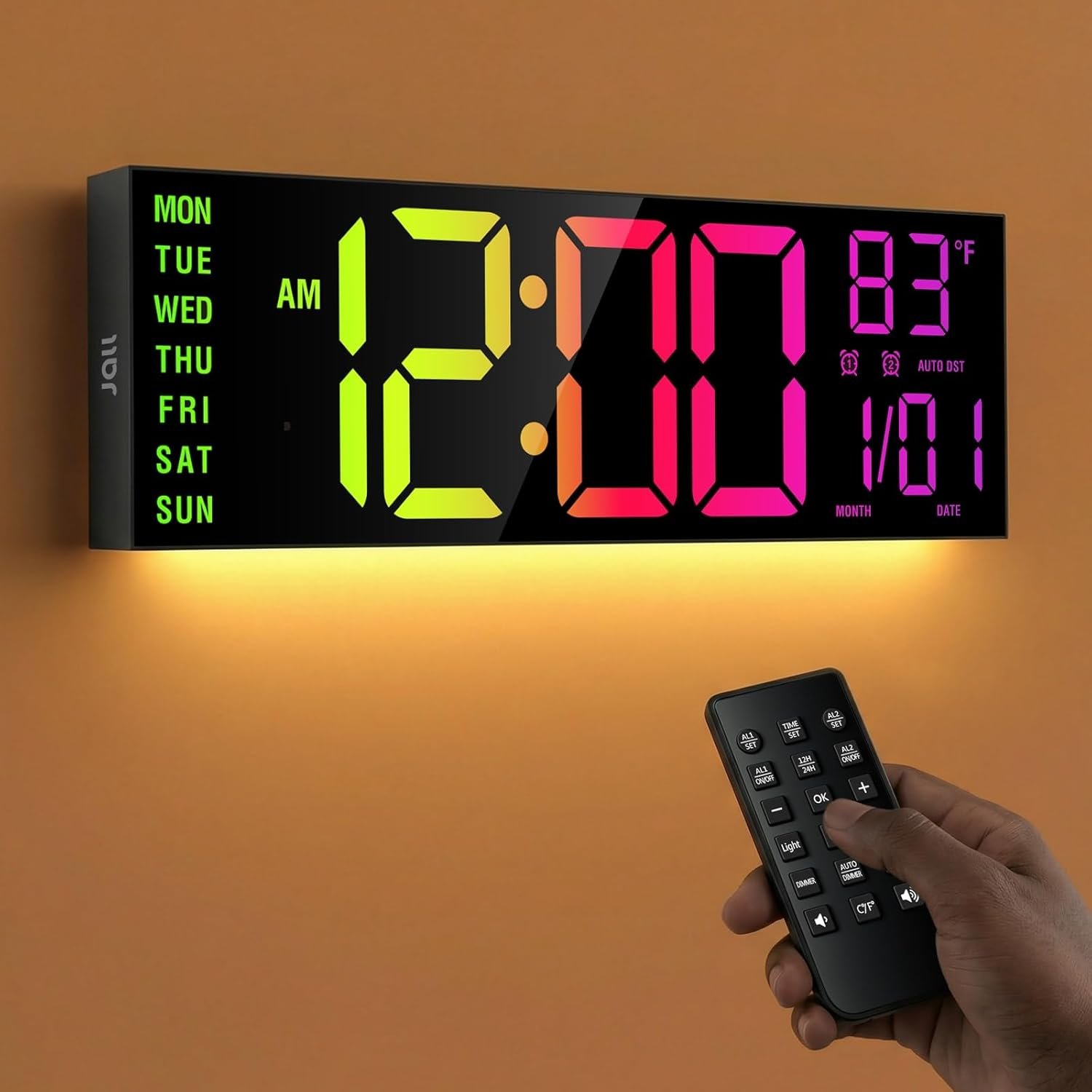 JALL 16″ Large Digital Wall Clock with RGB Colors, Wall Clock for Living Room Classroom, Digital Clock with Temperature Timer, Classroom Decor for Teacher and School (Black, 16 inches)