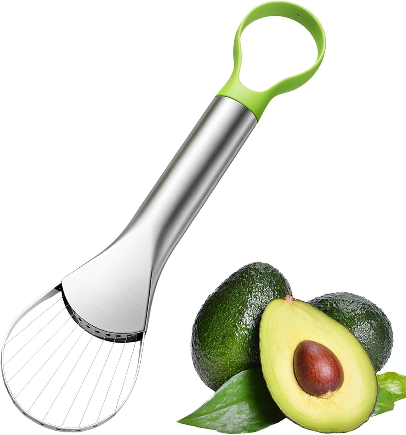 Avocado Slicer Tool, 3-in-1 Stainless Steel Avocado Slicer Tool | with Peeler & Pitter, for Slicing, Scooping Pit Removal, Silver & Green