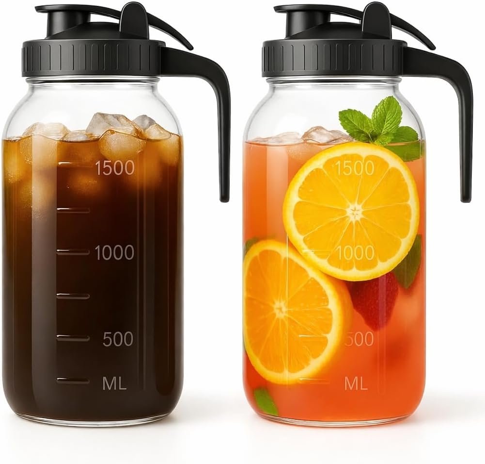 Mason Jar Pitcher Set of 2, 64oz (2quart) Glass Pitcher with Lid for Tea | Airtight, Leak proof, Ergonomic Handle, Pour Spout Lid, Fridge Safe, for Sun Tea, Iced Tea, Cold Brew, Lemonade, Outside