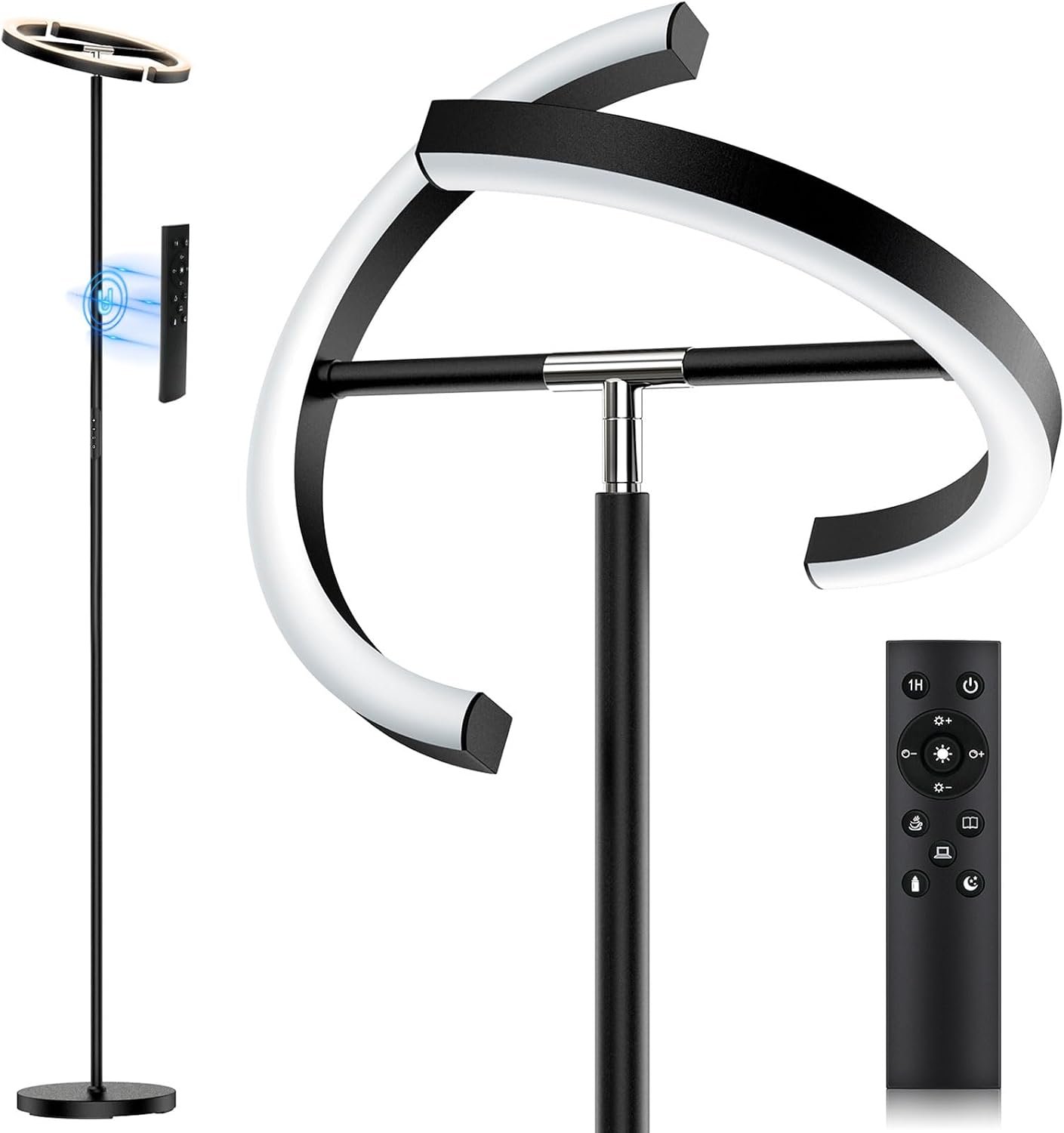 SIBRILLE LED Floor Lamp – Rotatable Standing Lamp with Touch & Remote Control, 3000-6000K, 22W Modern Floor Reading Light, Dimmable Corner Uplighter for Living Room Bedroom Office, Black