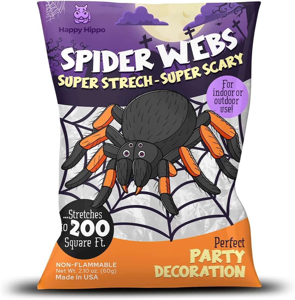 Happy Hippo Halloween Spider Web Decoration, 200 Sqare Feet & Plastic Spiders, Halloween Party Supplies, Spider Webs (Small, 200 Sq Feet) (8 Fake Spiders Included)