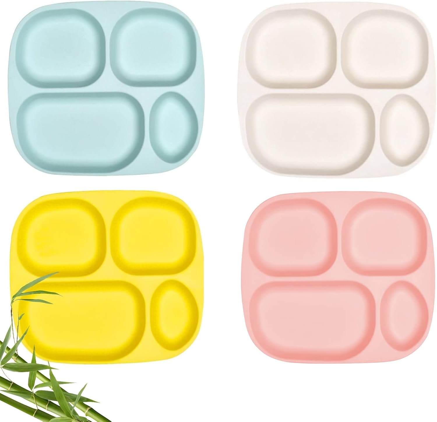 Bamboo Kids Toddler Baby Plates,4 Pack Divided Plates for Kids Adults,9.5in | 4-Compartment Portion Control Plate with Dividers,Dinnerware Set for Toddlers Kids Children Baby,BPA Free,Stackable,Non-toxic