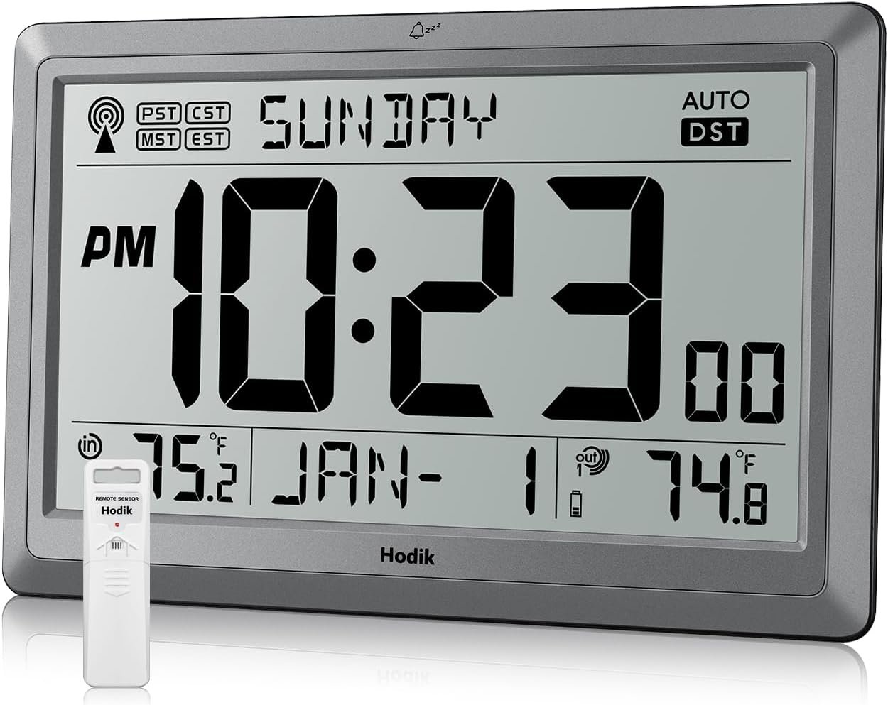 HODIK Wall Clock Atomic with Indoor Outdoor Temperature Battery Powered, Easy Reading with 10.5 Inch LCD Display, 330FT Range Table Wall Clock with DST, 12/24 Hour for Living Room Kitchen (Silver)