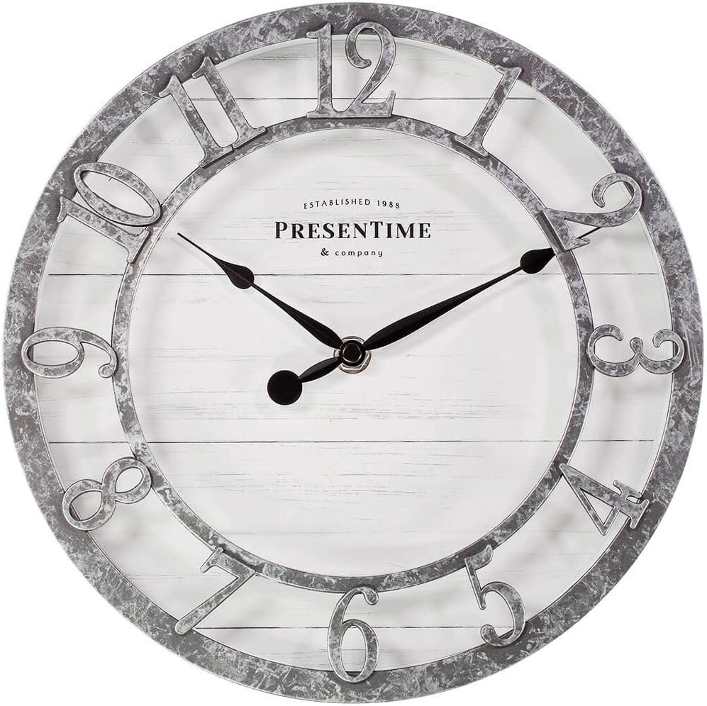 10″ Farmhouse Series Wall Clock | Quartz Movement, Shiplap Style, Raised 3D Arabic Numeral, Galvanized Finish