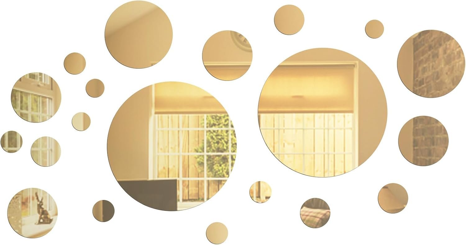 Shappy 32 Pieces Mirror Wall Stickers Removable Acrylic Setting Adhesive Round Circle Mirror Tiles Decals for Home Living Room Bedroom Decor(Gold,Small Size)