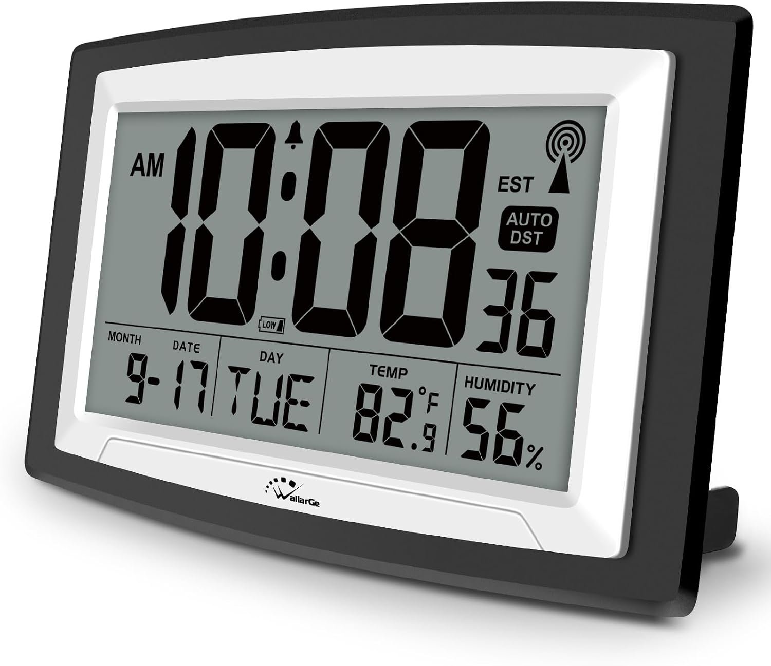 12.5 Inch Atomic Clock with Indoor Temperature and Humidity | Battery Operated Digital Wall or Desk Clock, Auto DST, Large Display for Seniors, Self-Setting, for Classroom, Garage, Office
