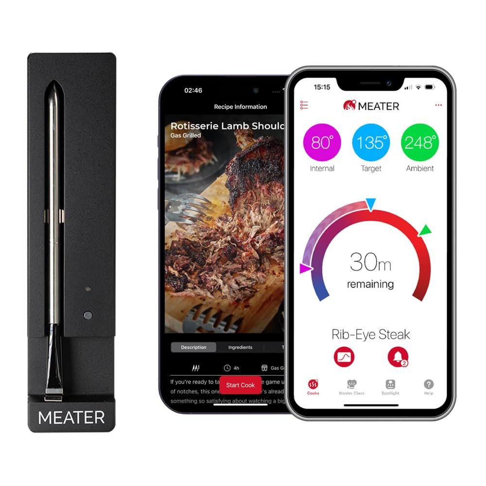 MEATER SE Wireless Smart Meat Thermometer, Black, Bluetooth, Grill & Oven | 100% wireless, 165ft range, dual sensors up to 212°F/527°F. Guided Cook System. Dishwasher safe. BBQ, grill, oven, smoker.