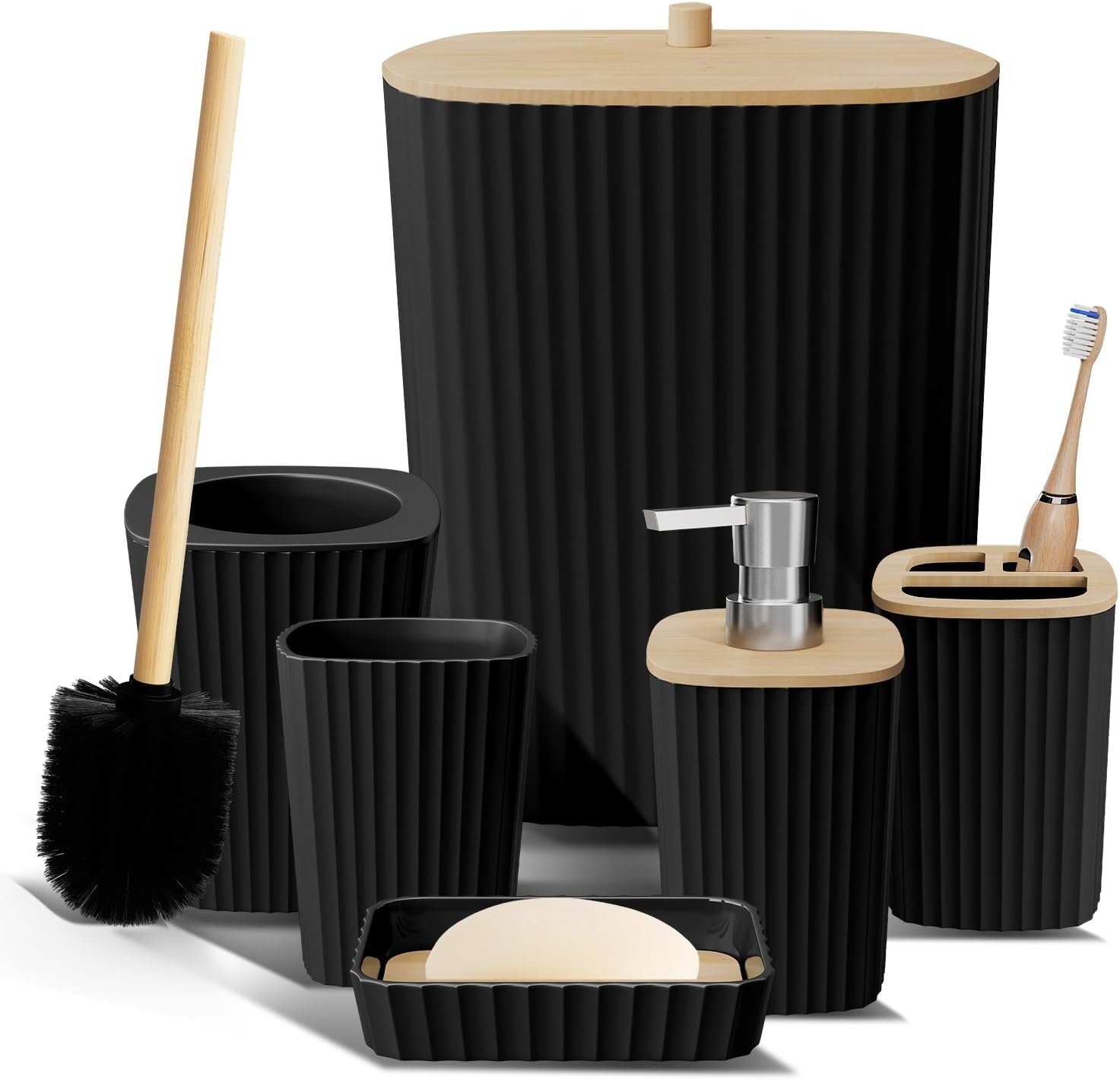 Clara Clark Bathroom Set – Black Bathroom Accessories Set, 6PC Bathroom Accessory Set, Bathroom Sets with Toilet Brush, Trash Can & Soap Dispenser