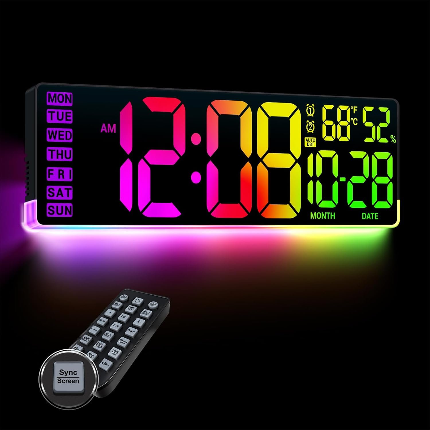 16.5″ Large Digital Wall Clock for Classroom, Sync Screen RGB Backlight | 11 Screen Colors, 13 U-Shaped RGB Modes, Temp Humidity, Auto DST, Dual Alarm, Timer, Digital Clock for Gym Gaming Room