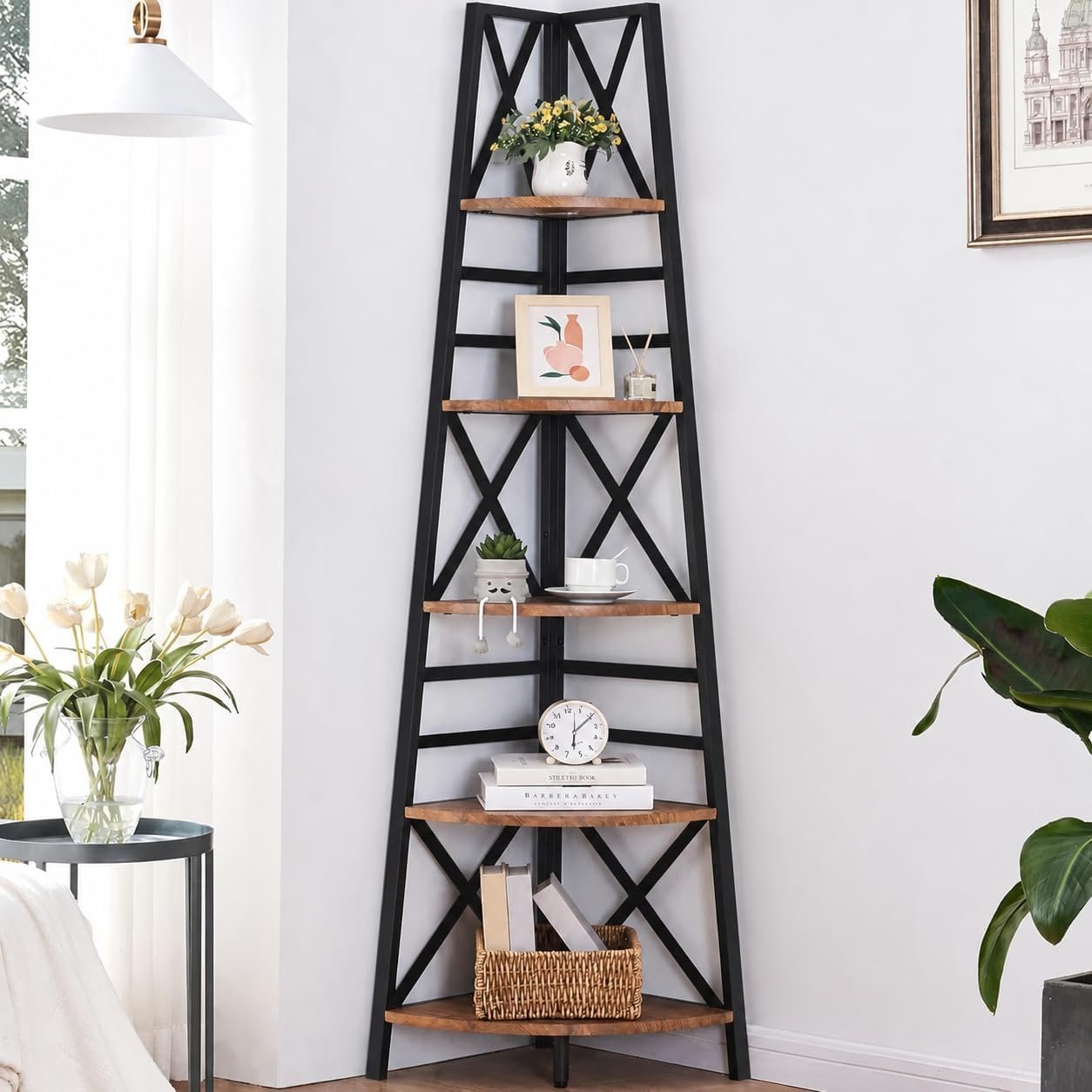 5 Tier Corner Shelf,72 Inch Tall Corner Bookshelf,Rustic Brown | Sturdy Corner shelf Standing,Industrial design,Easy assembly,Suitable for living room,Office,Corner Space
