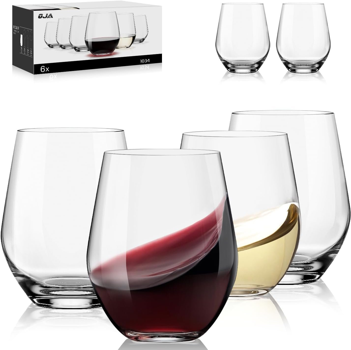 OJA Wine Glasses Set, Crystal Stemless Red Wine Glass, Set of 6, 15 oz | No Stem, Clear, Sturdy Drinking Glass for White Wine, Daily Use, Birthday, Wedding, Home Party, Anniversary, Shower Gift