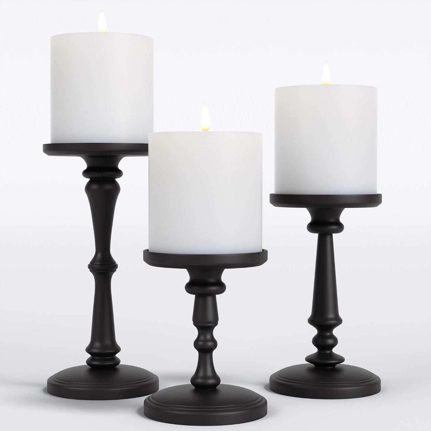 Candle Holders Set of 3 Matte Black, 6, 8,10″ Tall Metal for Pillar Candles | Pure Metal Build, Set of 3, Holds Candles up to 4″, with Anti-Scratch Pads, Fits Pillar Candles or LED Flameless Candles