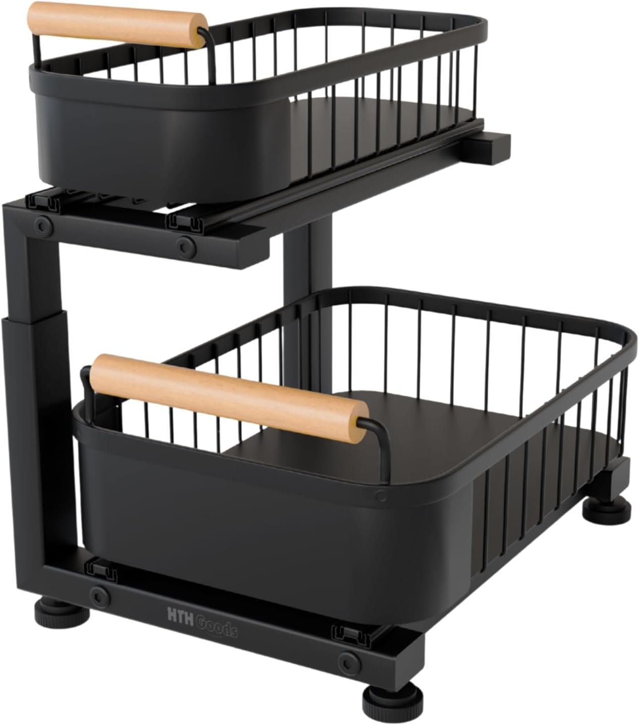 Premium Large Under Sink Organizer, 2-Tier Pull Out, Adjustable | Heavy-duty carbon steel, 7 adjustable heights and smooth ball-bearing sliding baskets for kitchen and bathroom cabinets