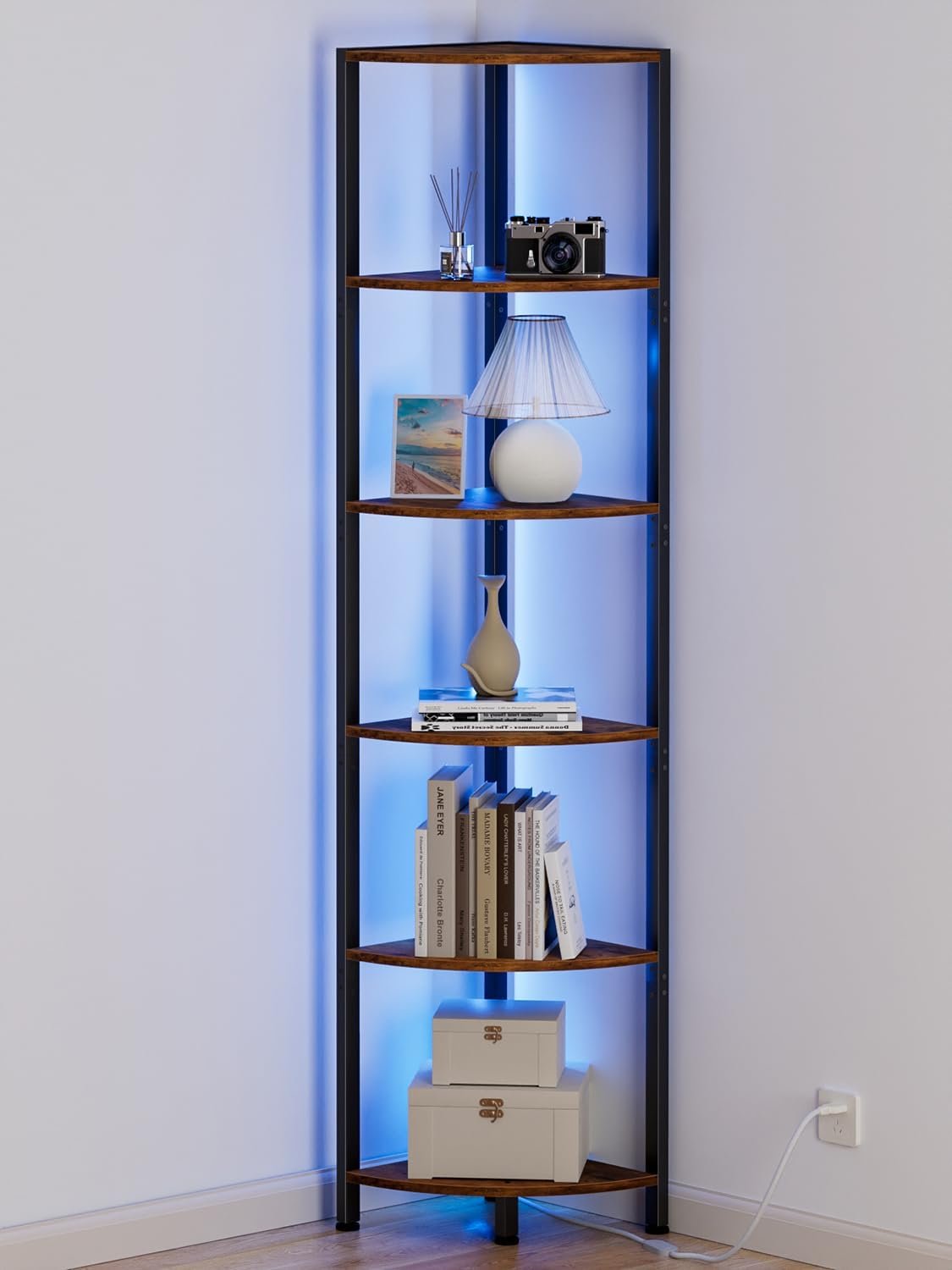 6 Tier Corner Shelf with LED Light, 67.5″ Corner Narrow Bookshelf | Tall Standing Shelf Organizer, Storage Rack for Wall Corner, Living Room, Bedroom, Metal Frame, Wood Display Shelf