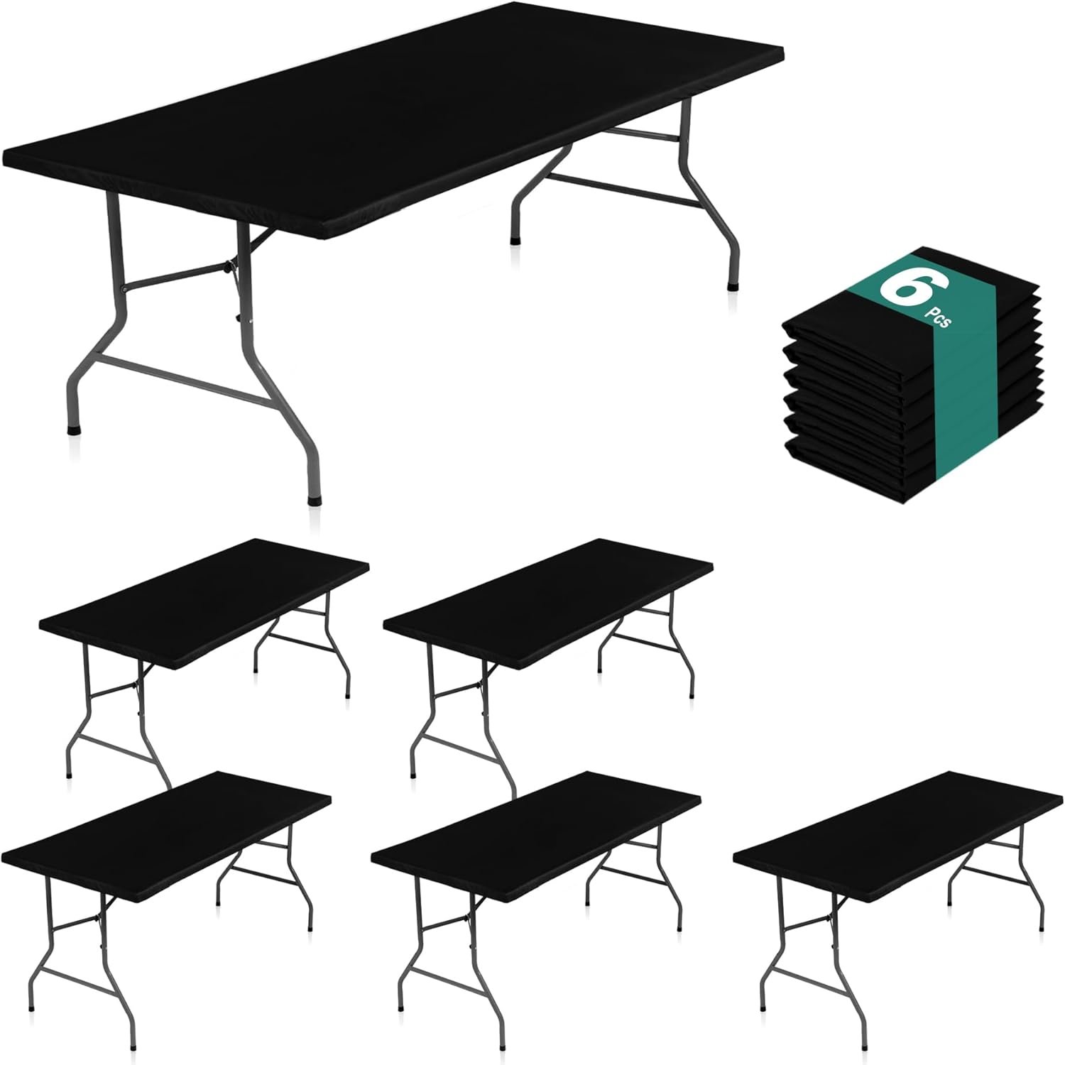 LUSHVIDA Fitted Rectangle Tablecloths for 6ft Folding Tables 6 Packs Black | Elastic Vinyl Table Cloth with Flannel Backing, Waterproof Covers for Indoor Outdoor Picnic and Camping, 30×72 inch