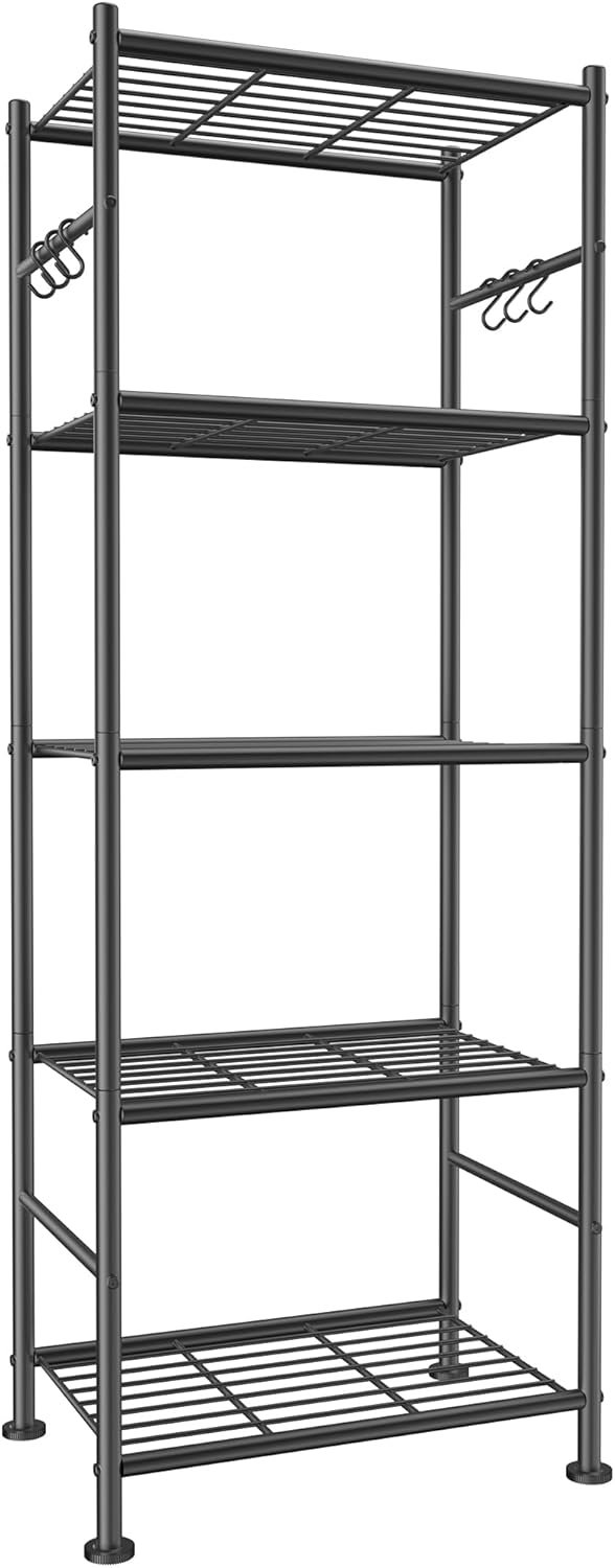 Sakugi Storage Shelves – 5-Tier Large Capacity Shelf Organizer with Hooks, Heavy-Duty Garage Shelving with Leveling Feet, Wobble-Free Rack for Bedroom, Balcony, Garage, 18.1″×12.4″×56.8″, Black