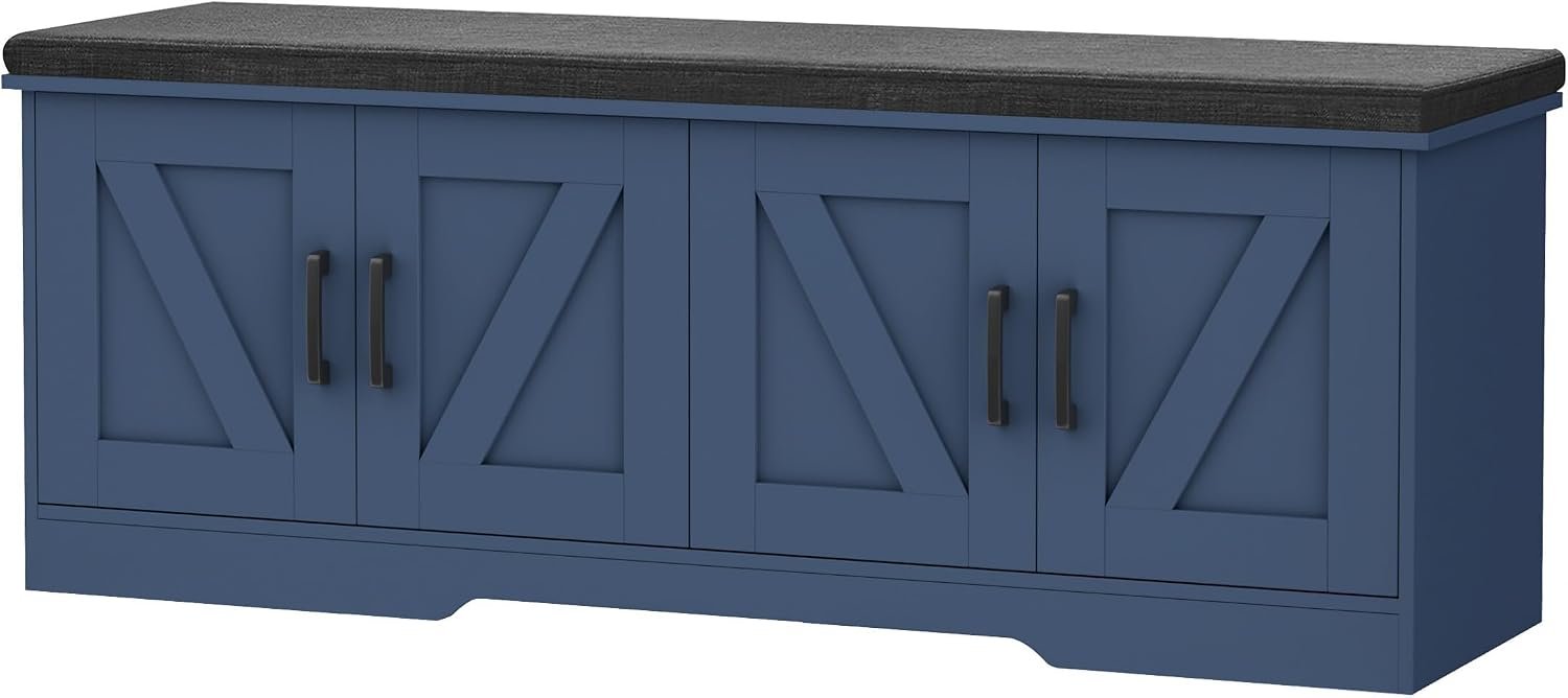 HOMSHO Farmhouse Shoe Storage Bench with 4 Barn Doors & Padded Seat Cushion | 47.2″ Wide Entryway Bench with Adjustable Shelves & Hidden Storage, Blue