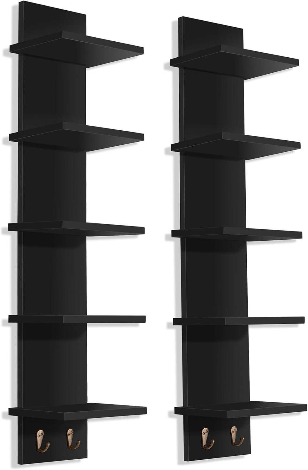 Sorbus 5 Tier Wall Shelf Unit with Hooks, 31 Inch Vertical Column Utility Shelving for Home Decor and Storage Organizer, Wall-Mounted Floating Shelves for Bathroom Storage, Bedroom (Black, 2 Pack)