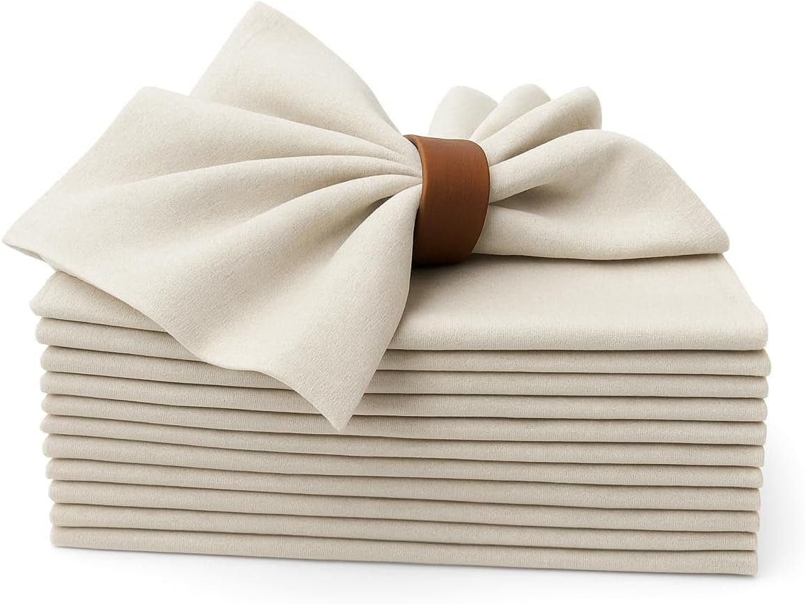 Marubhumi Cotton Cloth Dinner Napkins Set of 12, 18×18 Natural Premium Quality Mitered Corners Cotton Blend Wedding and Cocktail Napkins, Machine Washable (Cream)
