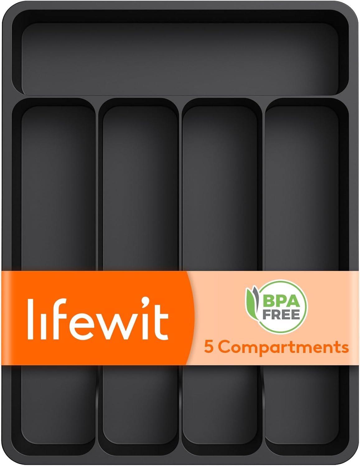 Lifewit Silverware Drawer Organizer Tray, Plastic Cutlery Storage for Kitchen, Flatware and Utensil Holder Divider for Spoons Forks Knives Tableware, 9.1 x 12.6″, 5 Slots, Black