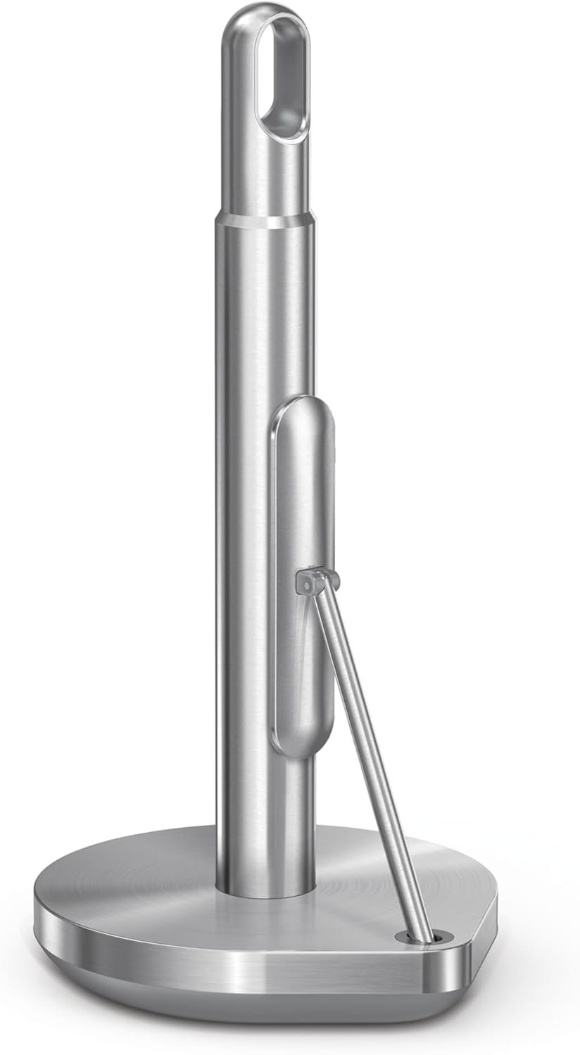 simplehuman Tension Arm Countertop Paper Towel Holder, Easy One-Handed Tear, Standing Weighted Base with Finger Loop, Heavy Duty, Brushed Stainless Steel